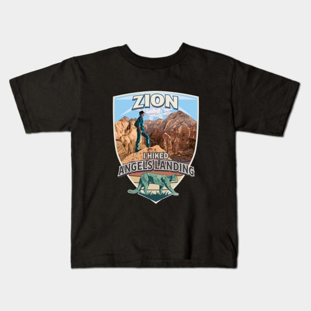 I Hiked Angels Landing Zion National Park with Cougar and Hiker Retro Vintage Design Kids T-Shirt by SuburbanCowboy